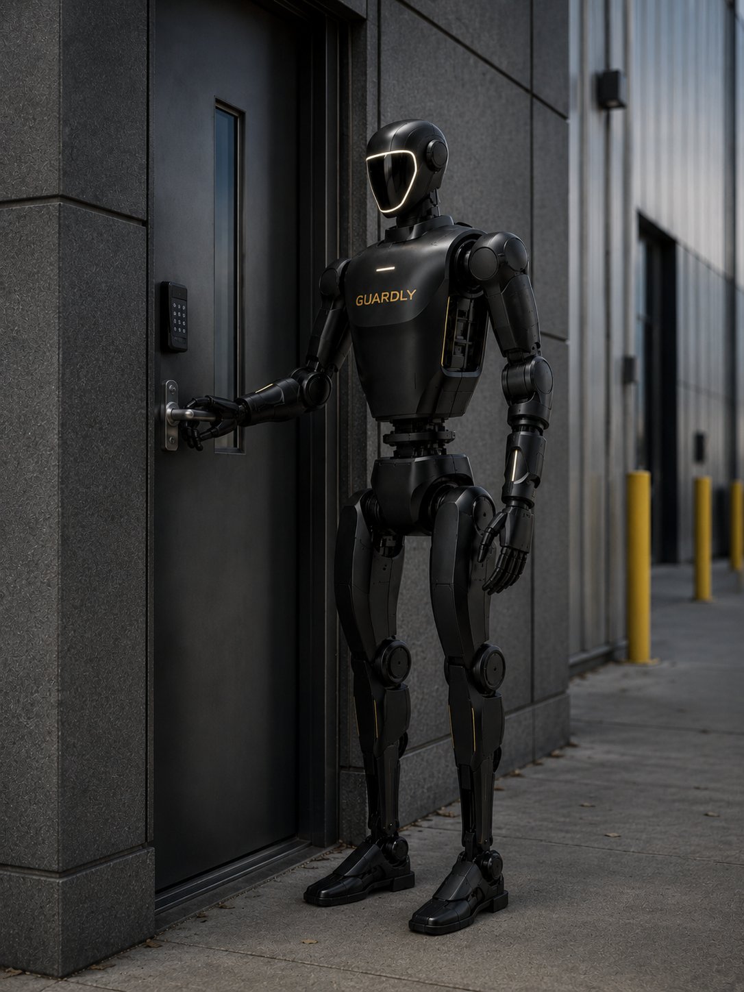 Guard v1 unit on patrol at a warehouse entry door, dusk.